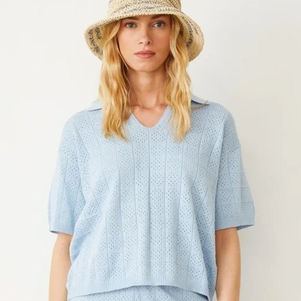Monrow Womens Crochet Knit Oversized Polo Tee Short‎ Sleeve Soft Blue Large